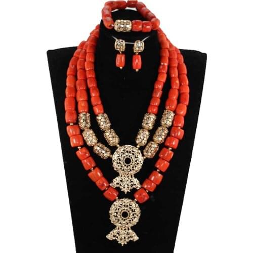 Fabulous Chunky Bib Coral Bold Gold Statement Necklace Set African Wedding Coral Beads Indian Bridal Jewelry Set Women CNR871