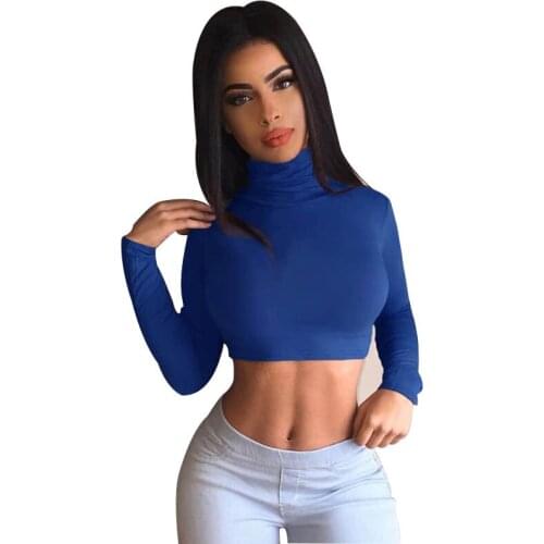 Sexy T Shirt Women Long Sleeve Turtleneck Casual Slim Crop Tops Solid Shirt Skinny Clubwear Short Top Autumn Winter Women Tops T