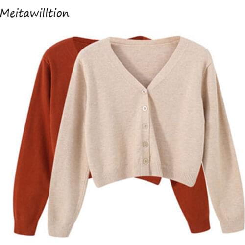 2020 Spring Autumn Women Knitted Cardigans Casual Long Sleeve V neck Solid Sweater Korean Slim Buttons Short Tops