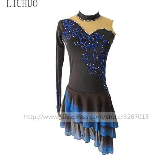 Figure Skating Dress Womens Girls' Ice Skating Dress Black collar single-sleeved long-sleeved design Gradient color skirt