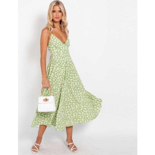Summer Little Daisy Floral Spaghetti Strap Dress Women 2021 New Casual V Neck Backless Ladies Bandage Print Dress