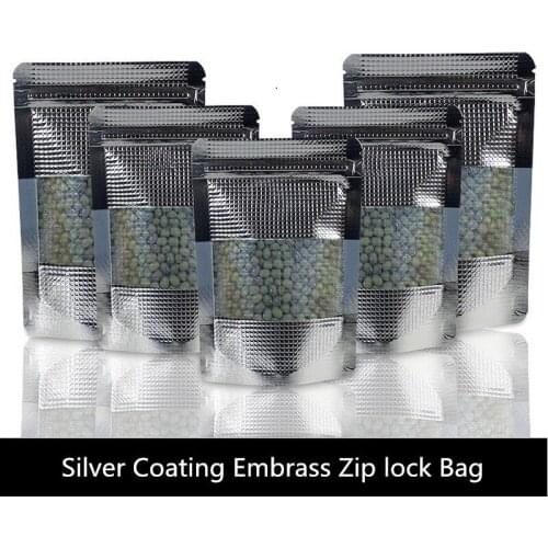 100pcs- Stand Up Silver Coating Embrass Zipper Bag with clear window Self Seal Zipper Food Bag Retail Packaging Pouch