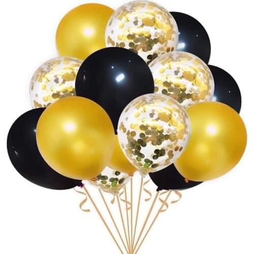 15pcs12inch black metal gold confetti sequin latex balloon set birthday party baby shower wedding venue decoration