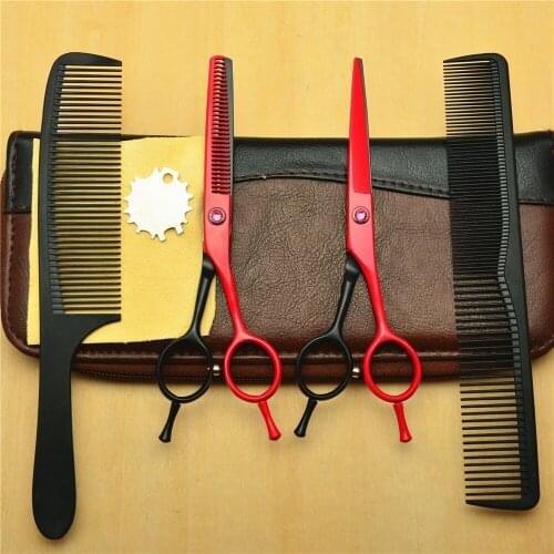 4Pcs/Set CUSTOMIZED LOGO 5.5 Inch Red 440C Professional Human Hair Scissors Hairdressing Cutting Shears + Thinning + Comb C1012