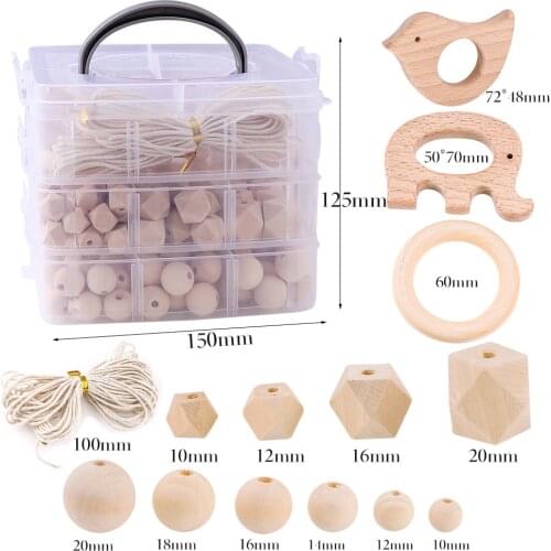 Wooden Beads Mixed Size Baby Nursing Combination Natural Geometry Beads Washable Wood Ring DIY Teether Jewelry Making Boxed