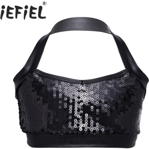 IEFiEL Kids Girls Glittery Halter Sequins Bra Tops Crop Top for Ballet Dance Clothes Stage Performance for Summer Ballerina