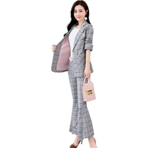 Fashion Plaid suits women Small suit suit Autumn New womens fashion lattice embroidery small suit + wide leg pants two-piece