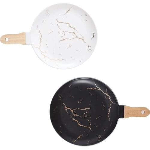 Marble Stripe Round Ceramic Pizza Pasta Plate Cookware Porcelain Sushi Tableware Wooden Bamboo Handle Hold In Hand Suspension