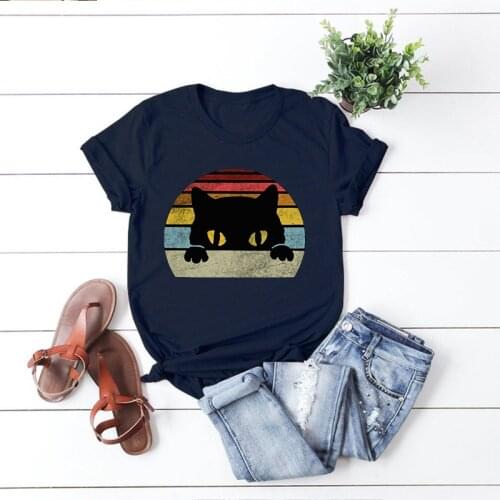 Summer Fashion Women T shirt Cotton 4XL 5XL Plus Size Cute Black Cat Print Casual Short Sleeve Ladies Basic Tee Tops T-Shirts