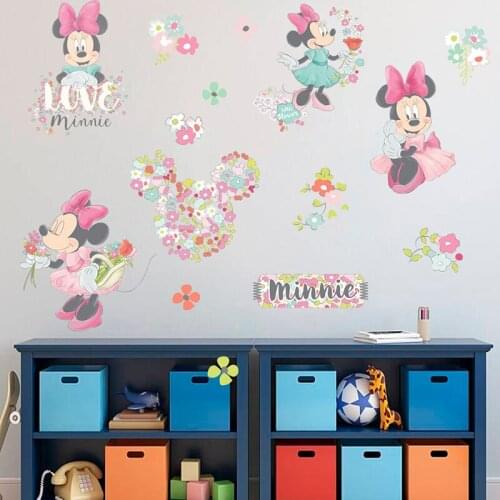 Disney Lovely Disney Minie Mouse With Flower Wall Stickers For Girls Room Party Decor Poster Cartoon Wall Mural Art Home Decals