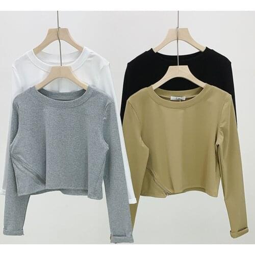 Girl Fashion Short Leaky Navel T-Shirt Spring 2021 Elastic Loose Zipper Design Sense Base Shirt Women Long Sleeves White T-Shirt