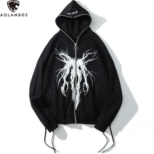 Aolamegs Punk Graphic Print Zipper Ribbon Hooded Hoodie Men Casual Black Cool Oversize Coat Fashion Sweatshirt Streetwear Autumn