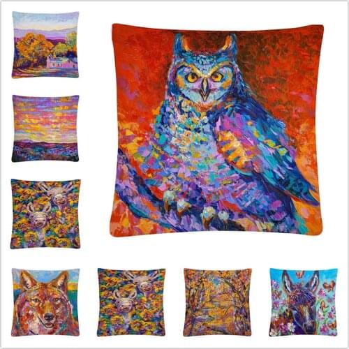Artistic Oil Painting Pattern Soft Short Plush Cushion Cover Pillowcase Home Sofa Car Decoration Pillowcase45X45 Cm