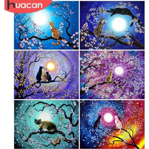 HUACAN Full Drill Diamond Painting Cat Cross Stitch Wall Decoration Diamond Moon Mosaic Tree Decoration For Home