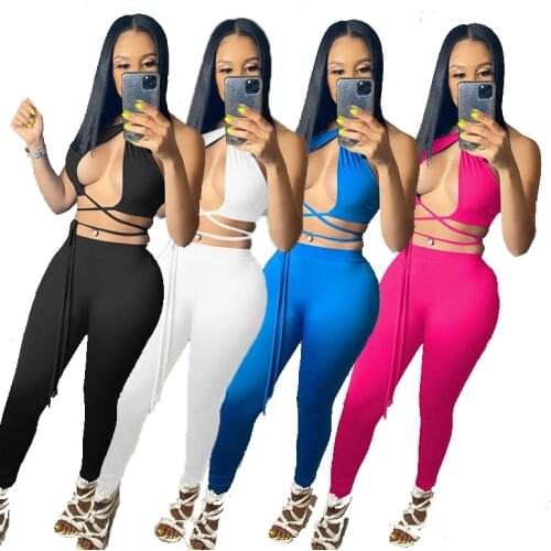 New Arrival Summer Wears Set Halter Neck Strappy Top With Legging Pants Club Outfit 2 Piece Set