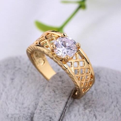 Wedding Engagement Rings Hollow Out Rhombus Pattern CZ Zirconia 14K Gold Ring for Women