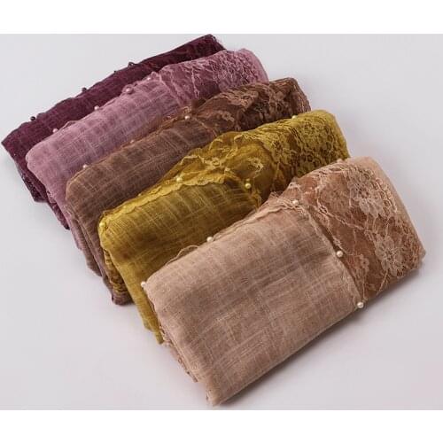 Autumn Winter Womens Lace Edges carves Beaded Glitter Muslim Hijabs Shawl Plain Solid Color Turban Malaysia Headwrap Pashmina