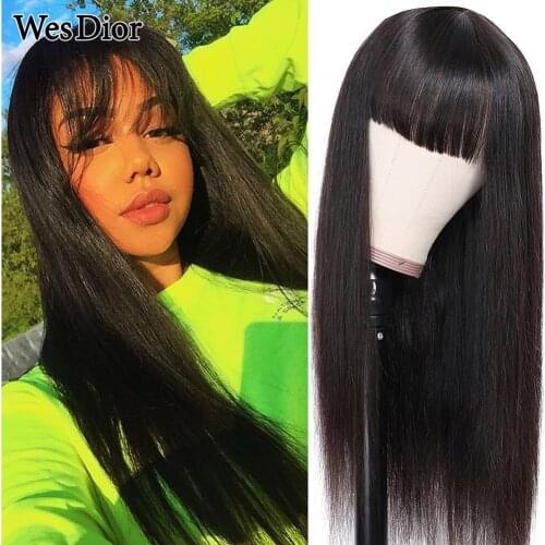 Straight Human Hair Wigs With Bangs Brazilian Full Machine Made Human Hair Wigs For Women Natural Color Density 150 Remy Hair 1b