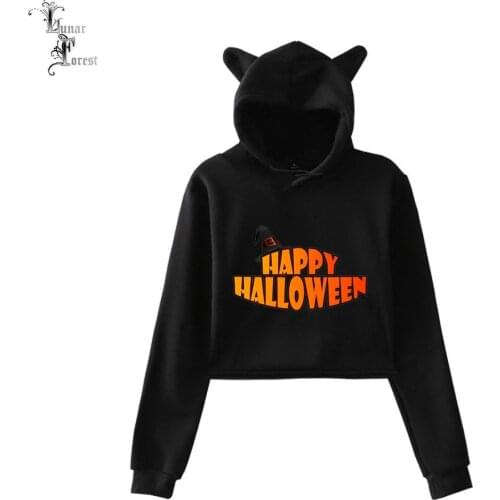 Happy Halloween Long Sleeve Cropped Hoodies Sweatshirt Women Cat Ear Hooded Pullover Crop Tops Hoodie