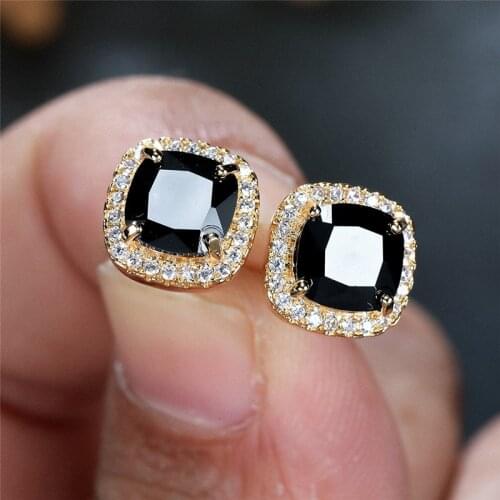Black Zircon Square Stone Stud Earrings Female Luxury Crystal Rainbow Opal Earrings Dainty Gold Color Wedding Earrings For Women