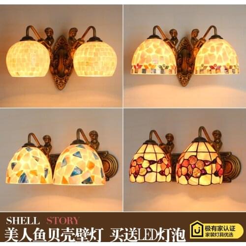 Mediterranean LED Tiffanylampe,Tiffany Mermaid Wall Lamp AC 110/220V E27 Shell Wall Lamps for Home Corridor Bedroom