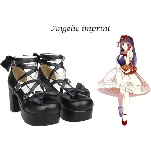 Anime lolita cosplay shoes leather Princess women heeled shoes Bow high heels platform shoes A792