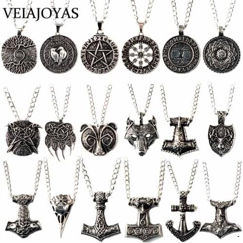 18pcs/lot Vintage Necklaces Men Viking Amulet Pendant Necklaces Charms Jewelry Viking Mjolnir Hammer Norse Colar Gifts Wholesale