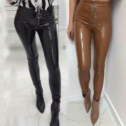 Women Leather PU Trousers Zipper High Waist Latex Skinny Leggings Pencil Pants