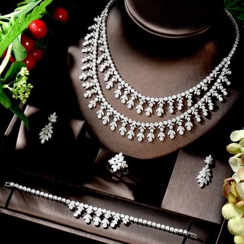 HIBRIDE Luxury 2 Layers Lady Bridal Engagement Wedding Necklace Earrings Ring And Bracelet Set Shiny Zircon collier femme N-367