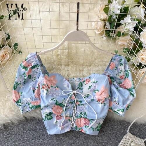 YornMona Ins Fashion Sexy Bandage Crop Top Women Summer Vintage Gothic Shirt Ladies Flower Print Blouse Top Chic Short Blouses