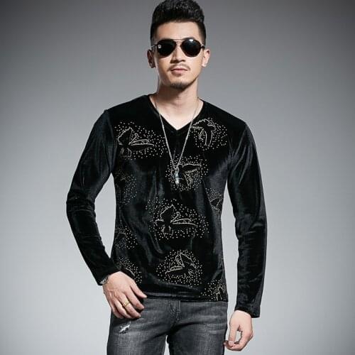 Gold Sequin Long Sleeve V Neck Spring Autumn Slim Fit Tee Shirt Homme Royal Velvet Tshirt Men