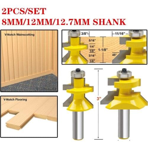 2pcs/set 12.7mm 1/2" Shank Matched Tongue & V Groove Floor Wood Router Bit With Ball Bearings Tungsten Carbide Cutters For Wood