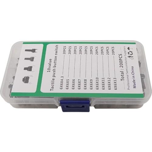 200Pcs 10 models 6*6 Light micro touch Switch sets Hight 4.3mm-13mm DIP 4 Pin Micro Momentary 6*6 Tact Switchs