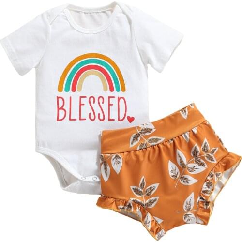 2021 Baby Girl Boy Clothing Summer Outfits Rainbow Print Short Sleeves Romper + Leaf Print Frilly Shorts 2pcs Set for Toddlers