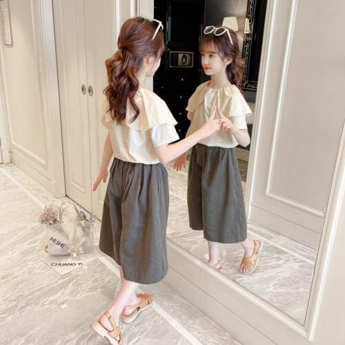 2021 New Girls Summer Wear Beige Cotton Linen Tops + Wide Leg Cropped Pants 2 Pieces Sets Fashion Kids Costume