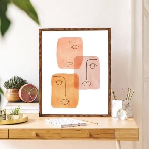 Orange Tone Abstract Face Line Drawing Art Prints Mid Century Modern Poster Wall Art Picture Canvas Painting Bedroom Home Decor