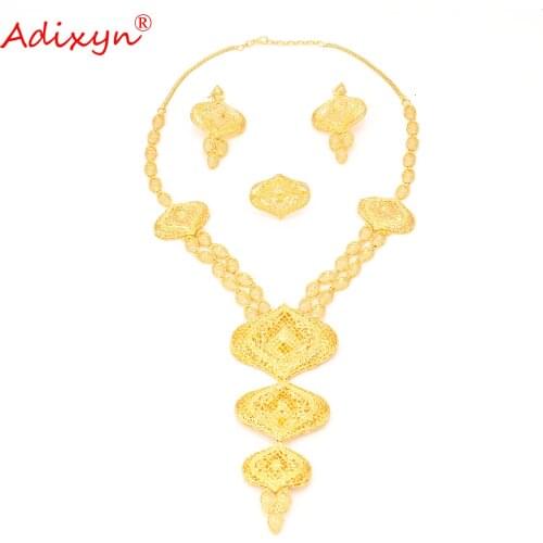 Adixyn Fine Jewelry Set for Women 24K Gold Color Long Chain Earrings Ring Africa Bridal Wedding Jewelry N1021I6