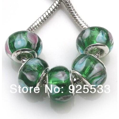 Free Shipping 50pcs 8x14mm silver plated core Big Hole Murano Glass Beads fit European Jewelry Bracelet Charms DIY--Green Life