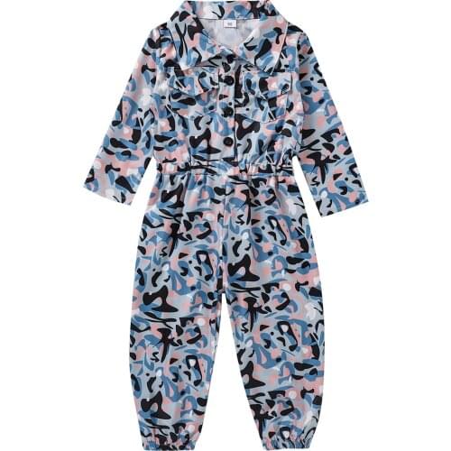 Kids Girls Jumpsuit Camouflage Print Turn-Down Collar Long Sleeve Romper Children Casual Overalls Autumn Clothing 2-7Y