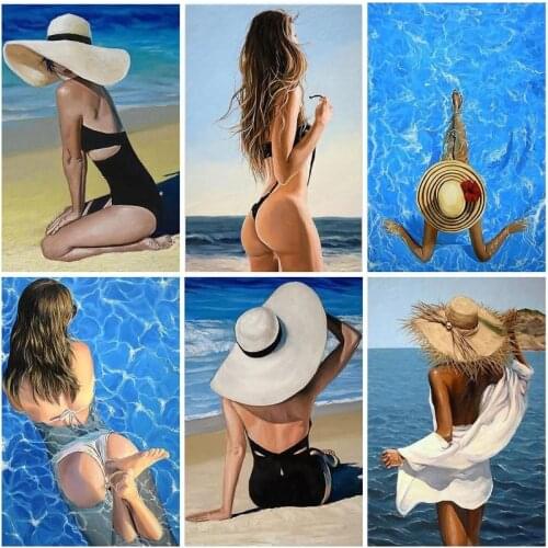 GATYZTORY DIY Pictures By Number Seaside Girl Kits Home Decor Painting By Numbers Swim Drawing On Canvas HandPainted Art Gift