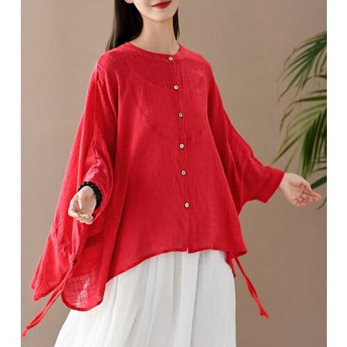 Johnature Summer New Loose Single Breasted Batwing Sleeve Shirt 2021 Cotton Linen Comfortable All-match Women Tops
