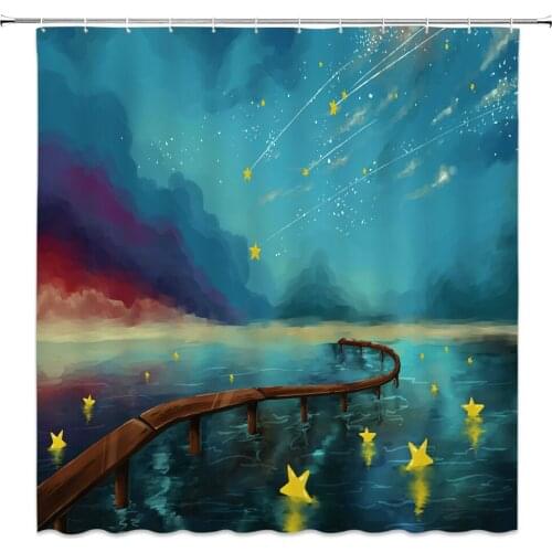 Oil Painting Pattern Scenery Shower Curtains Gold Stars Night View Bathroom Decor Bath Bathtub Waterproof Polyester Curtain Set