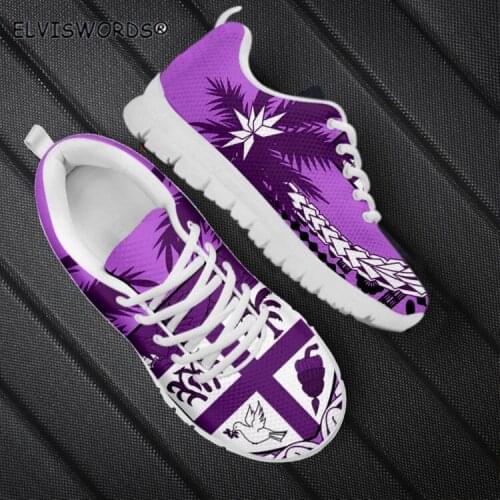 ELVISWORDS Fashion Fiji Tapa Coconut Pattern Leisure Women Lace Up Flats Shoes Breathable Air Mesh Sneakers for Ladies Non-ship
