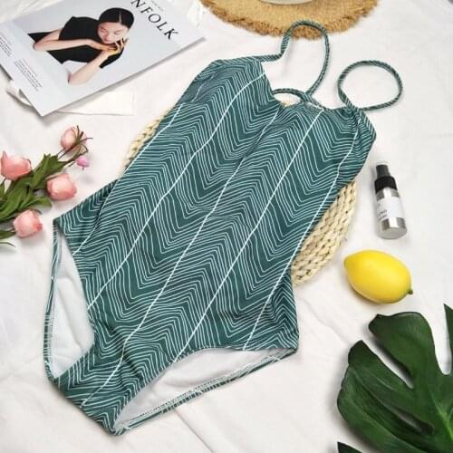 Swimwear Women 2021 Sexy One Piece Swimsuit Green stripes Print Hollow Out Bathing Suit Bandage Bodysuit swimming suit C1631