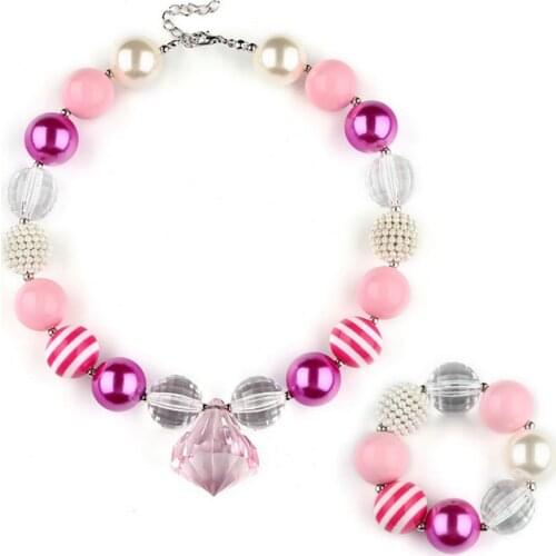 Lovely Present For Girls Pink Spike Charm Pendant Necklace 20mm Chunky Beads Strand Bubblegum Necklace Bracelet Jewelry Sets