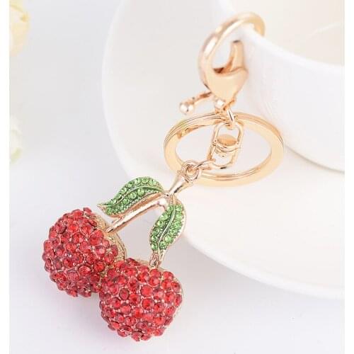 Cute pink Rhinestone-Crystal-cherry Keychain Fruits-blossom-Leaves-Key Chain Handbag Pendant Car Key Chain Ring