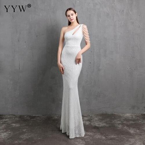 Sexy One Off Shoulder Silver Long Evening Dress Women V Neck Floor Length Evening Party Fashion Female Club Vestidos Robes