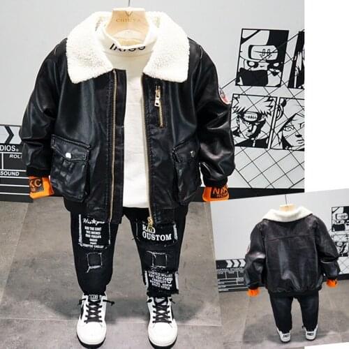 2020 Winter Toddler Boys Clothing Set Fashion Velvet Leather Jacket Velvet Jeans Thicken Tshirt Boy 3 Pcs Set Kids Warm Suits