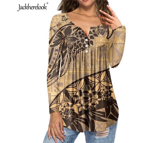 Jackherelook Plus Size Tops Shirts Vintage Polynesian Tattoo Samoa Floral Print Women Tunic Blouses Long Sleeve Clothing Mujer