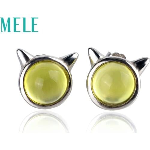 Natural yellow prehnite stud earrings for women,7mm round cut cat shape fine simple jewelry with 925 sterling silver fashion
